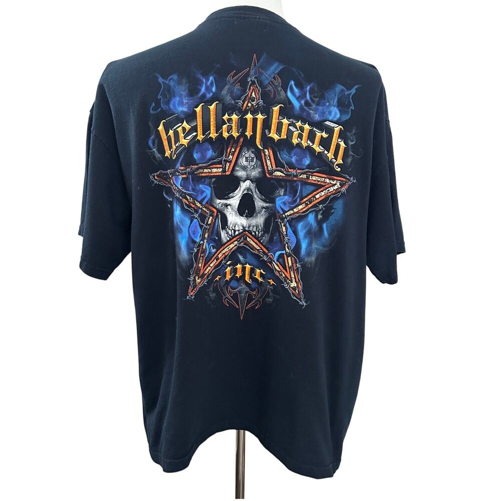 Hellanbach Y2K Star Skull Barbed Wire Biker Graphic Black Tee SIZE XL